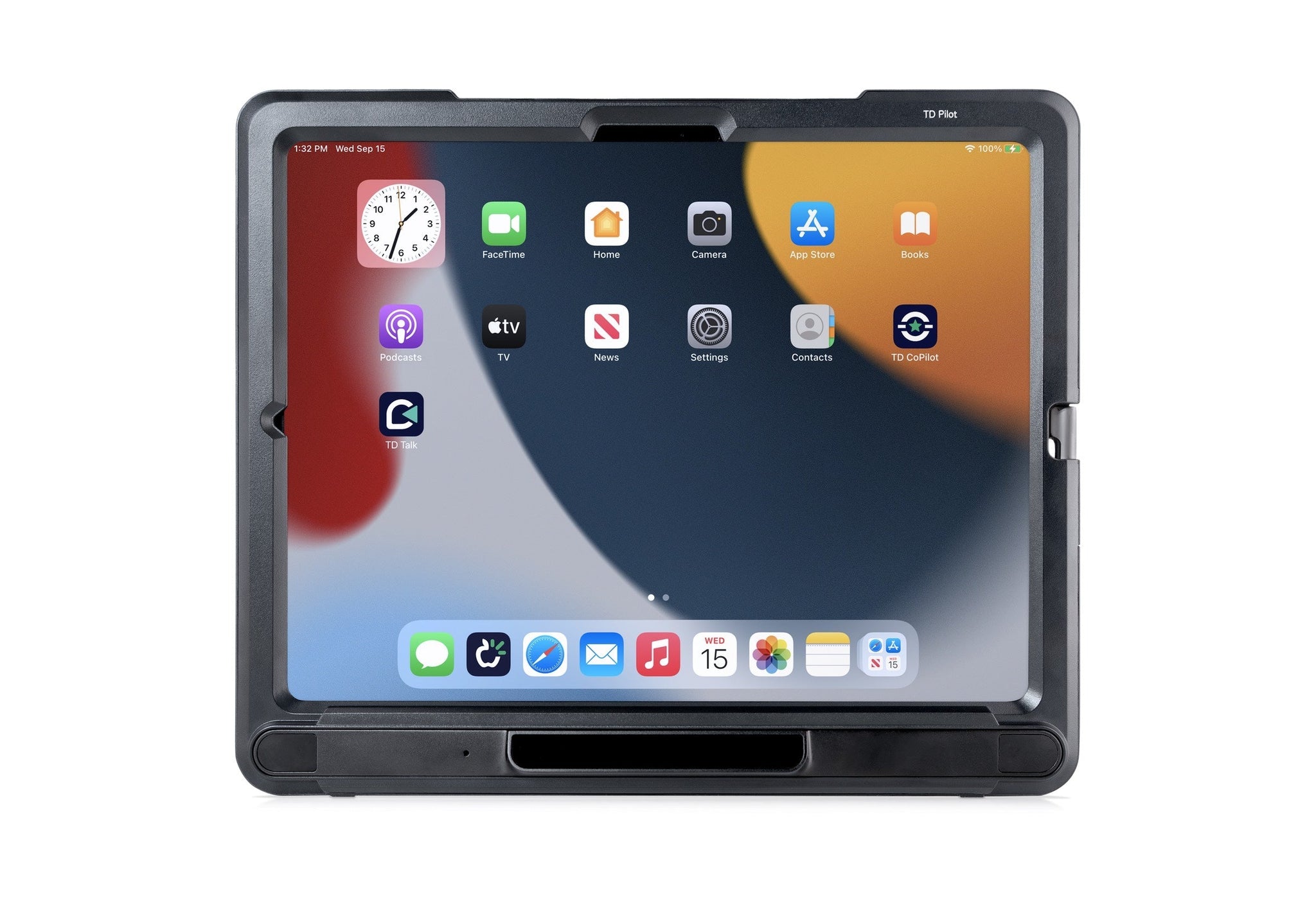 TD Pilot eye tracking device with a protective case displaying app icons.